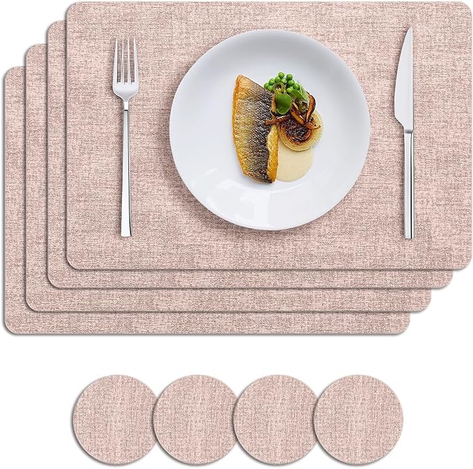 MOSAYT Faux Leather Placemats Set of 8, Heat Resistant Vinyl Place Mats with Coasters, Wipeable Washable Waterproof Oil Proof Table Mats for Kitchen Dining Indoor Outdoor, 12" x 17", Pink
