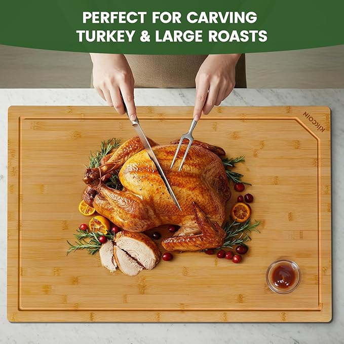 30 Inch Extra Large Bamboo Cutting Boards for Kitchen, Wood Cutting Board with Deep Juice Groove and Handle Heavy Duty Chopping board, Oversized Stove Top Cover, Kikcoin, 30" x 20"