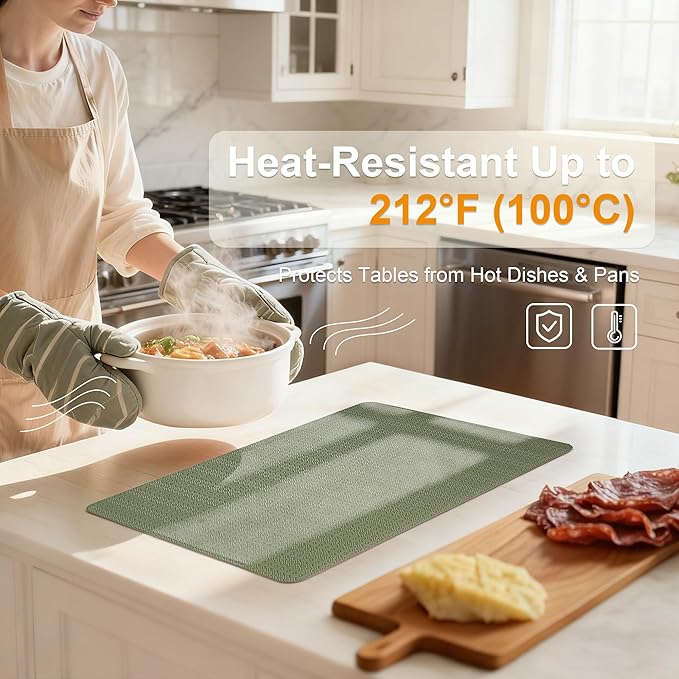 PROMATTOO Faux Leather Placemats Set of 4 – 17x12 Inch Vinyl Table Mats, Heat Resistant, Non Slip, Wipeable & Washable, Easy to Clean Dining Table Decor for Kitchen & Dining Room（Olive Green）