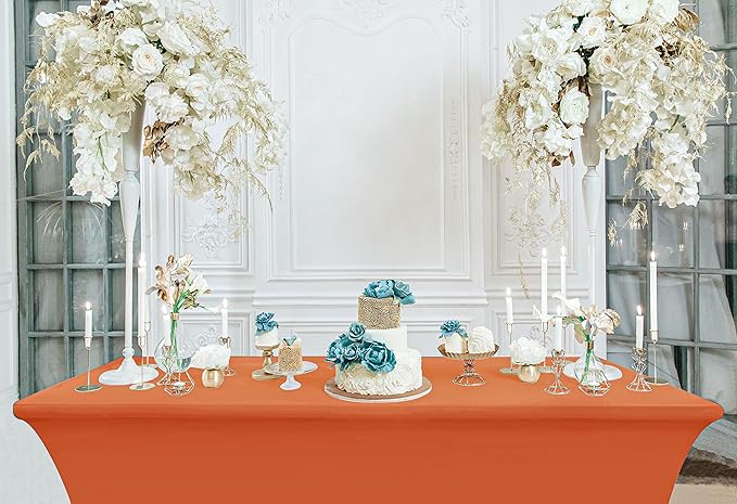 Utopia Kitchen Spandex Tablecloth 2 Pack [6FT, Orange] Tight, Fitted, Washable and Wrinkle Resistant Stretch Table Cloth Rectangle Cover for Trade Show, Weddings & Parties [72Lx30Wx30H Inch]