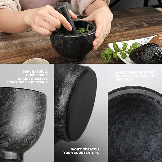 Koville African Natural Granite Mortar and Pestle Set, Grinder Bowl for Guacamole, Salsa, Pill Crusher, Spice, Herb, Garlic, Nut, Heavy Duty Grinder for Kitchen (Glossy Finish)