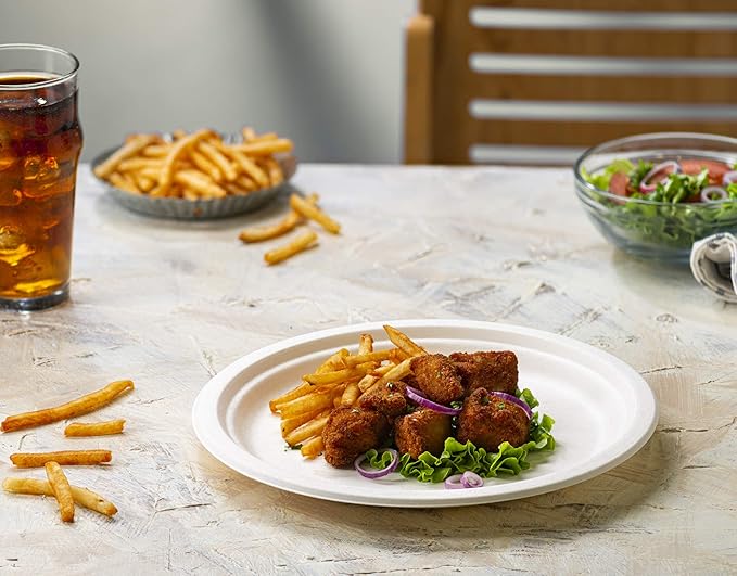 GUSTO [10 Inch - 125 Pack Heavy-Duty White Paper Plates, 100% Compostable, Eco-Friendly - Biodegradable Disposable Plates, Sugarcane Paper Plates (Formerly Comfy Package)