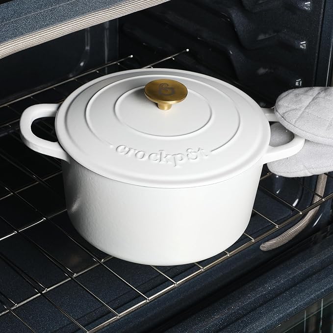 Crock-Pot Artisan 7-Quart Round Dutch Oven ??Matte Linen White with Gold Knob, Enameled Cast Iron Cookware