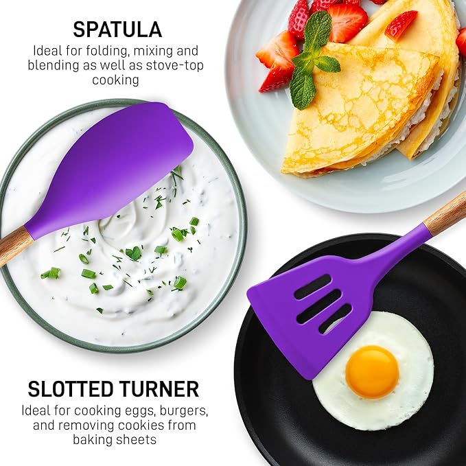 Zulay Kitchen Non-Stick Cooking Utensils Set with Authentic Acacia Wood Handles ??5-Piece Durable & Stylish Silicone Kitchen Utensils Set ??Heat Resistant to 464째F ??Purple