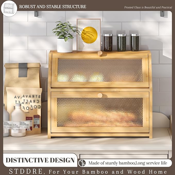 Bread Box for Kitchen Countertop Bin Double Layer Bread Box Storage Container Extra Large Capacity Farmhouse with Diamond Pattern Windows (Natural, Large)