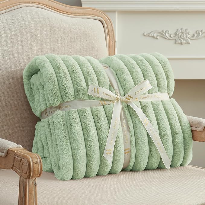 Am챕lie Home Faux Fur Throw Blanket for Couch, Cozy Fuzzy Fluffy Fur Luxurious Soft Striped Plush Gift Blankets for Family Sofa Chair Bedroom, 55"x70", Sage Green