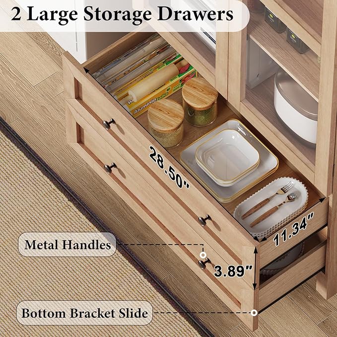 EasyCom 71 Tall Arched Pantry Cabinet, Farmhouse Wood Kitchen Cabinet with 2 Large Drawers, 4-Tier Storage Cabinet with Adjustable Shelf & Magnetic Clasp Doors for Living Room, Dining Room, Natrual