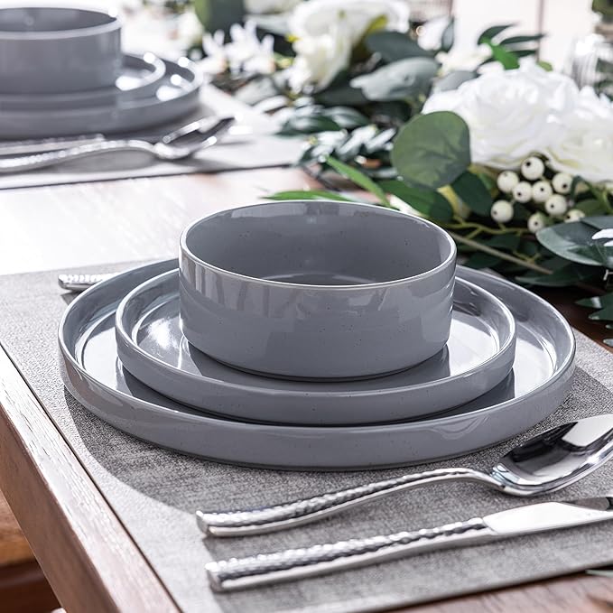 GBHOME Dinnerware Set for 6, 18 Piece Speckled Plates and Bowls Set with Glazed Bottom, Chip & Scratch Resistant Stoneware Plates Sets, Dishwasher & Microwave Safe Dishes, Limestone
