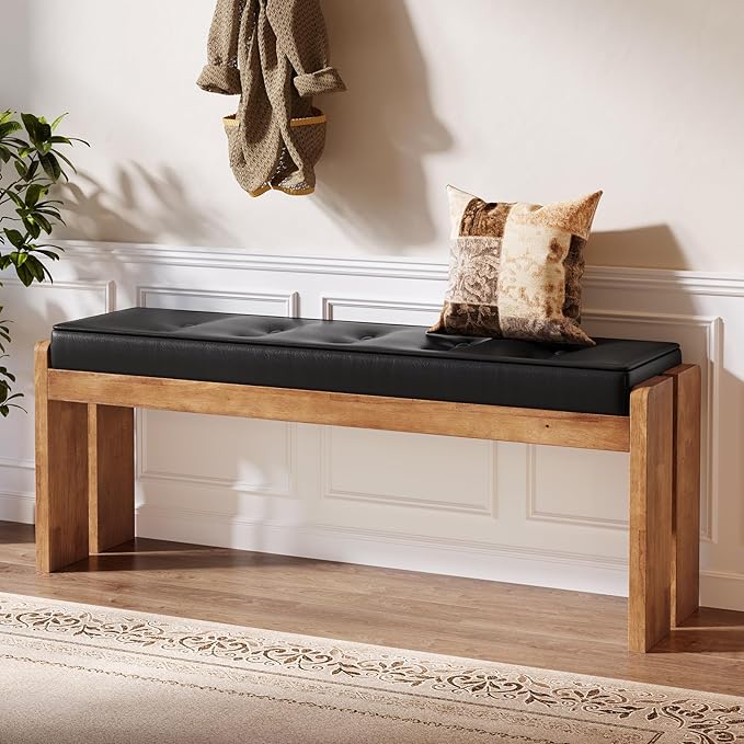 TRIBEWOOD 47-Inch Solid Wood Entryway Bench, Modern End of Bed Bench with Button-Tufted Leather Pad and Wooden Legs, for Living Room, Bedroom, Kitchen, Hallway, Black & Brown