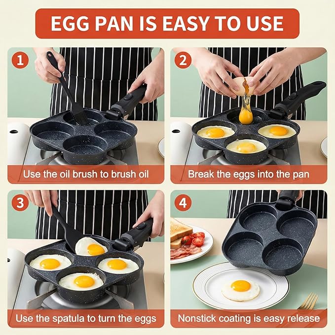 4-Cup Egg Pan Nonstick, Aluminum Omelette Pan with Detachable Handle, Fast Heating Breakfast Omelette Skillet for Fried Eggs Cooker, Pancakes, Suitable for Gas Stove & Induction Cookware