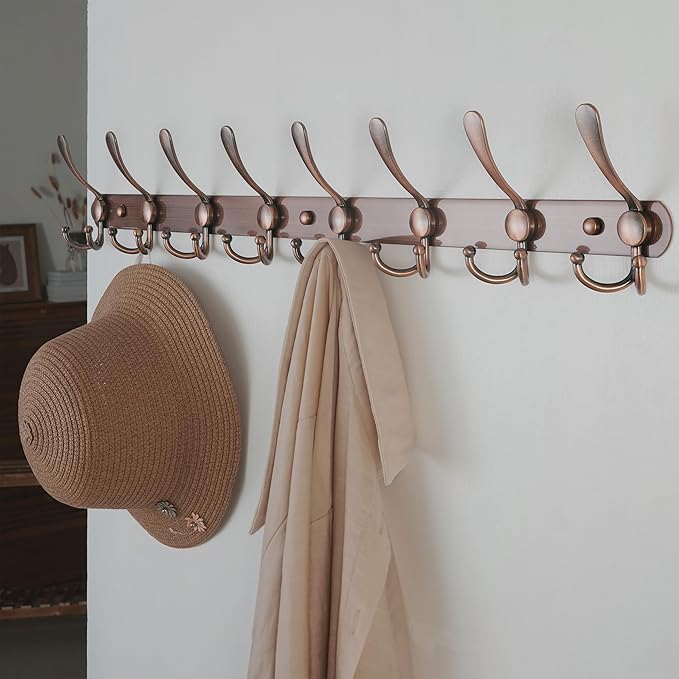 Dseap Coat Rack Wall Mount - 29.5??Long 8-Tri-Hooks Heavy Duty Coat Hanger Rail Wall Hooks for Hanging Coats Hats Clothing Clothes Purse Mudroom Entryway, Red Antique Copper