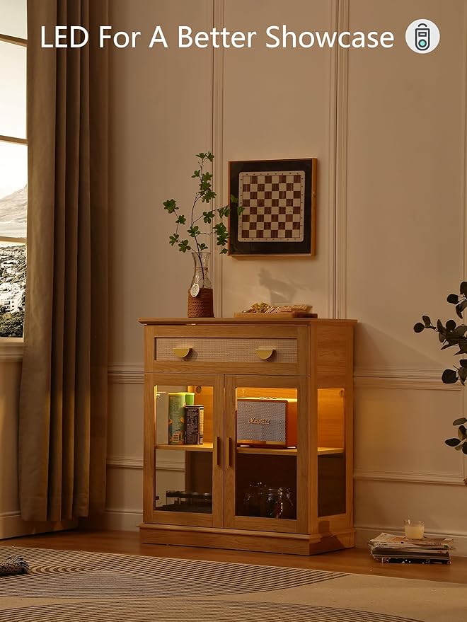 31.5'' Small Buffet Cabinet with Glass Doors,Small Coffee Bar Cabinet with Storage,Modern Sideboard with Adjustable Shelf and a Drawer,for Kitchen,Natural