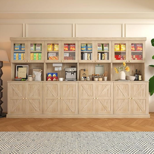 71" Tall Farmhouse Kitchen Pantry, Large Storage Cabinet with Glass Doors, Freestanding Coffee Bar Hutch with Microwave Stand, Adjustable Shelves for Kitchen, Living Room, Brown 4 Pcs