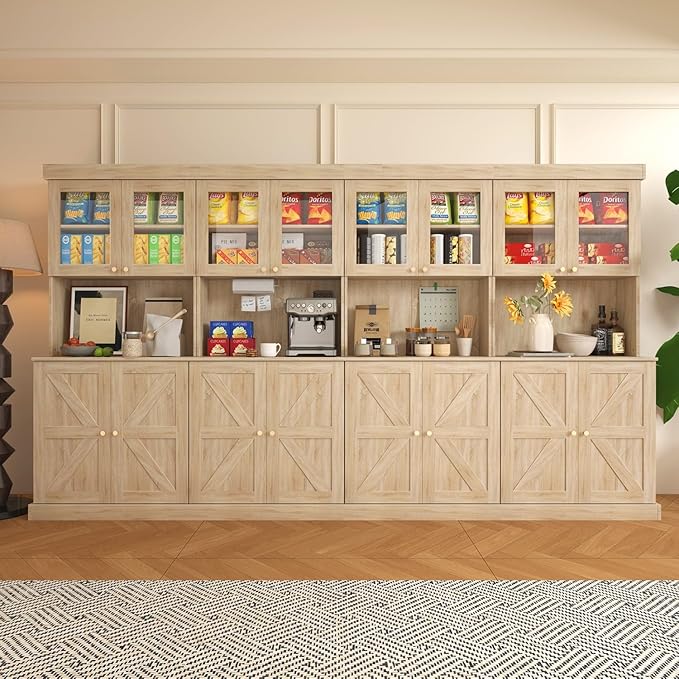 Vyre 71" Farmhouse Kitchen Pantry Cabinet Set of 4, Brown Freestanding Coffee Bar Hutch with Glass Doors & Adjustable Shelves, Large Storage Cabinet with Microwave Stand for Living Room & Kitchen