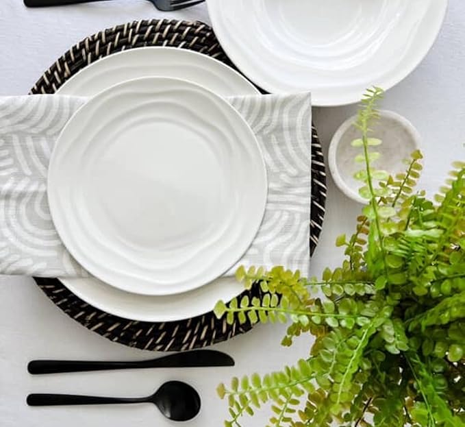 Pots & Patterns White Porcelain Dinner Plates Set for 4 ??12-Piece Chip-Resistant Plates and Bowls with Natural Waves Design ??Microwave, Oven, Dishwasher Safe Scratch-Resistant China Dinnerware