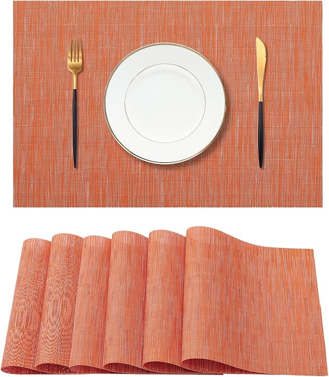 Leetaltree Orange Placemats Set of 6 - Heat Resistant Non-Slip Place mats for Dining Table, Washable Durable PVC Vinyl Woven Table Mats（Orange, 6）