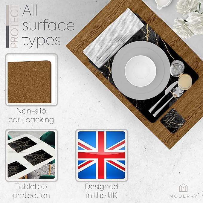 Moderry Set of 4 Heat Resistant Cork Placemats for Dining Table with Free Set of 4 Matching Drink Coasters Marble Design 16 x 12 Inches Cork Backed Hard Placemats (Black & Gold)