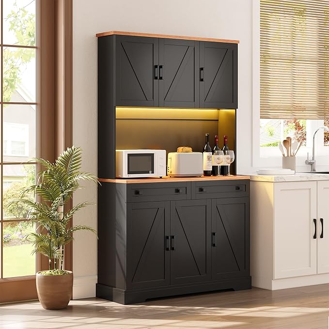 ELYKEN 71" Pantry Cabinet with Charging Station & LED Lights, Tall Kitchen Pantry with Hutch, Microwave Stand, Farmhouse Pantry with Door Shelf & Drawer & Adjustable Shelf for Dining Room, Black