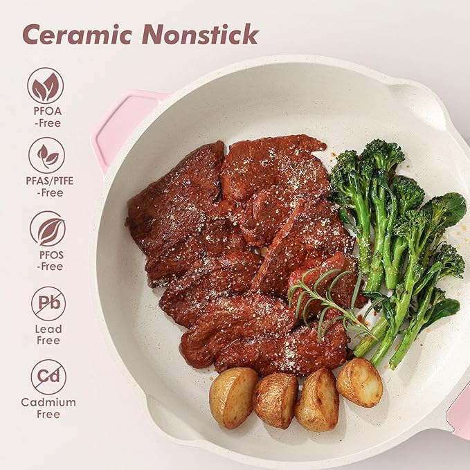 SENSARTE Nonstick Ceramic Skillet with Lid 10/11/12-inch, 4.5QT Non Toxic Deep Frying Pan, Saute Pan with Lid, Stay-cool Handle, Healthy Cooking Pot, Induction Compatible, Pink
