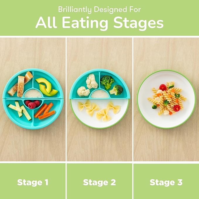 Omie짰 Easy Scoop Plates for Kids | Unique Design Helps Food Fall into the Spoon, Not on the Table | Made from Plants | 3 Plates + 2 Silicone Dividers | Green