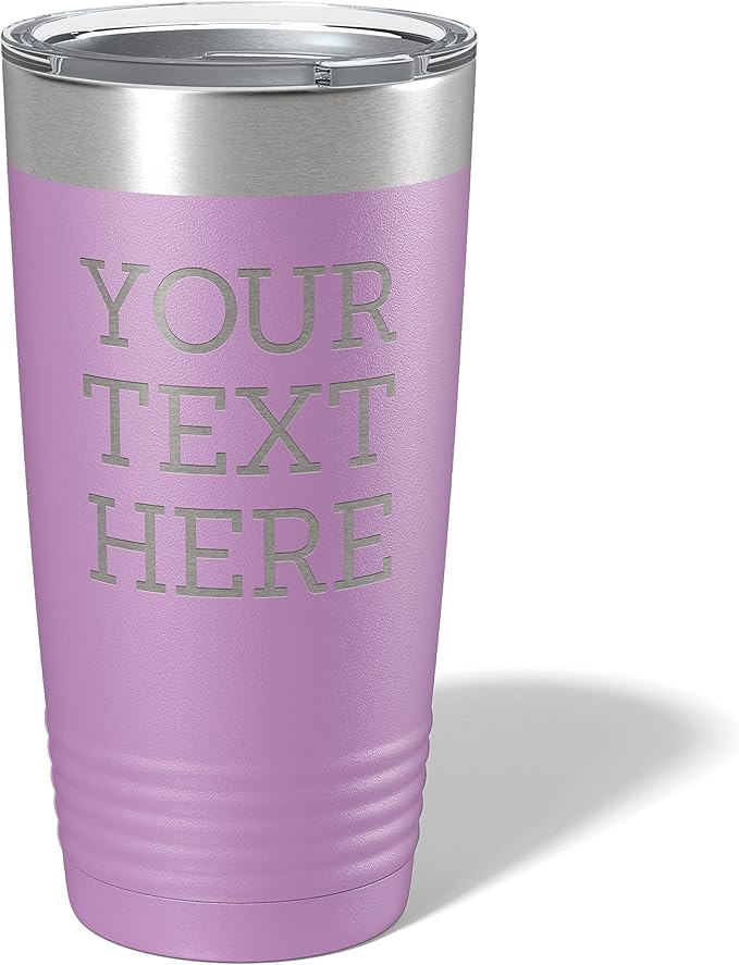 Personalized 20oz (17 Colors) Powder Coated Insulated Stainless Steel Tumbler with Lid, Custom Etched, Customized Text Message Name, Engraved Gift Idea Women Men Him Her, Your Text Here (Light Purple)