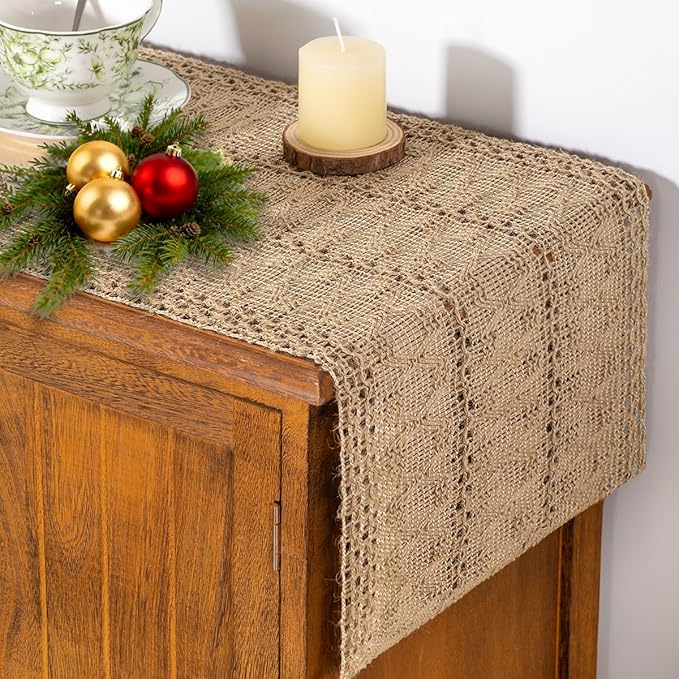 Socomi Boho Table Runner Valentine's Day Farmhouse Burlap Jute Bamboo Rustic Dining Kitchen Centerpiece Decor Small Macrame Woven Coffee Table Runner for Dresser Scarf Home Decor 12x60 inch