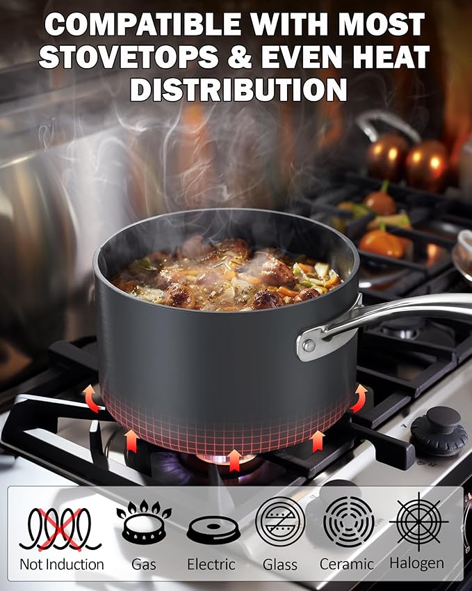 Cooks Standard Nonstick Sauce Pan Set, 2Qt & 3Qt Hard Anodized Saucepans with Lid Cooking Pots, Oven Safe, Easy to Clean, Black