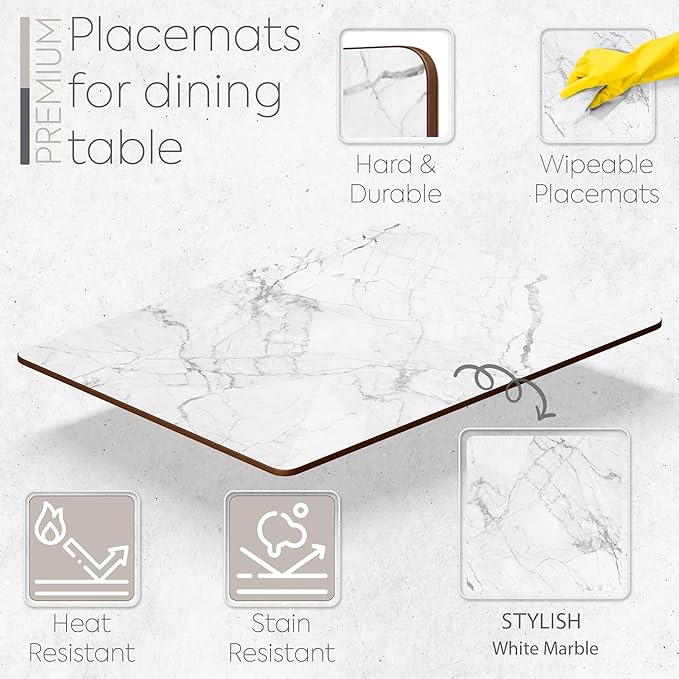 Moderry Set of 4 Heat Resistant Cork Placemats for Dining Table with Free Set of 4 Matching Drink Coasters Marble Design 16 x 12 Inches Cork Backed Hard Placemats (White Marble)