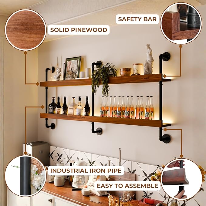 Wall Mounted Wine Rack with LED Light, LED Industrial Pipe Wine Shelf, 2-Tier Hanging Bottle Rack, Bar Storage Shelf for Bottles (Walnut Brown, 60")
