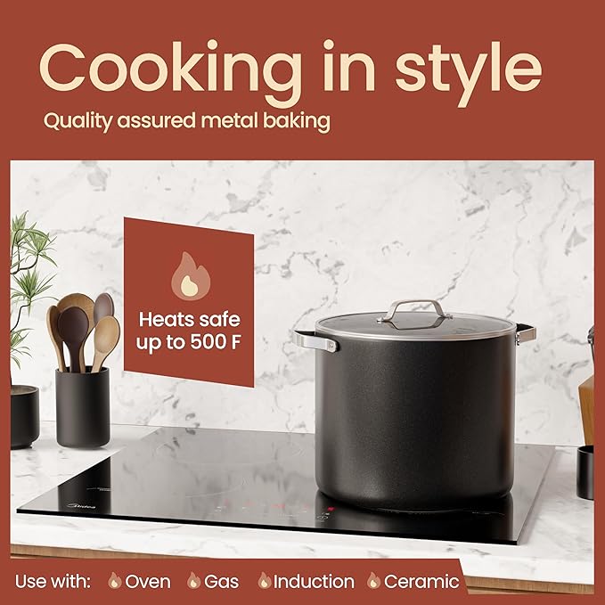 Bakken 12.5 Quart Ceramic Coated Stock Pot with Lid, Easy Clean Nonstick Pot, Tempered Glass Lid, Riveted Stainless Steel Handles, Oven Safe Up To 500째F, PTFE & PFAS Free, All Stove Compatible, Black