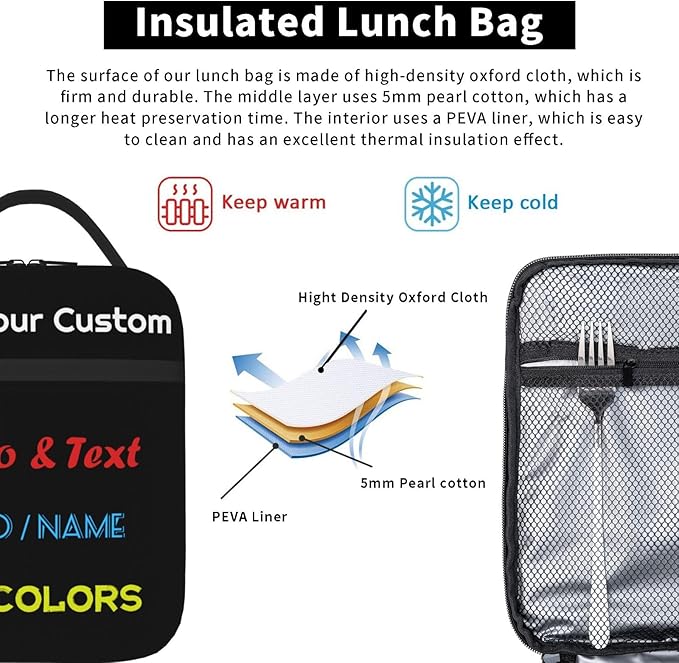 Customized Lunch Box with Photo/Name Personalized Insulated Lunch Bag for Teens Kids Adults Boys Girls Women Men, Design Your Own Lunchbox, Portable Meal Bag with Water Bottle Holder and Handle