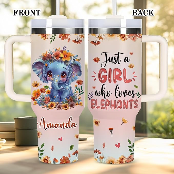 AGGLOMEKC Personalized Cute Elephant Cup - Mother's Day Birthday Gift For Animal Lovers - Just A Girl Who Loves Elephant Tumbler 40oz With Custom Name - Pet Lover Gifts For Women, Her
