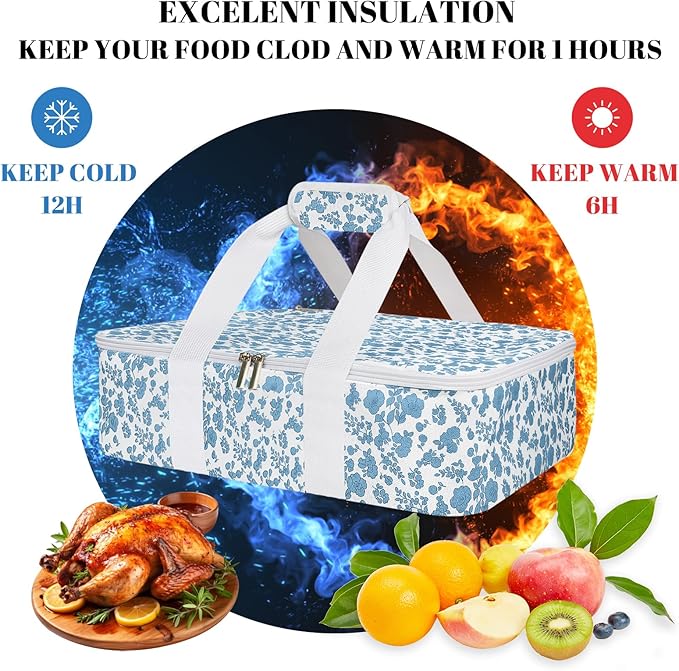 Insulated Casserole Carrier for Hot or Cold Food, Lasagna Lugger Tote Warmer or Cooler Bag, Casserole Dish Carrier for Potluck Parties, Picnic and Cookout, Fits 9"x13" Baking Dish(Blue Floral)