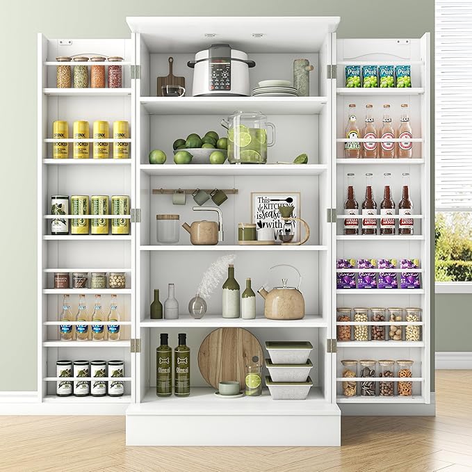 47??Pantry Cabinet, Kitchen Pantry Storage Cabinet with Doors and Adjustable Shelves,Freestanding Buffet Cupboards Sideboard for Living Room and Dinning Room (White)