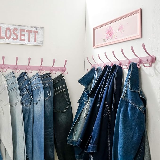 Dseap Coat Rack Wall Mount - 29.5??Long 8-Tri-Hooks Heavy Duty Coat Hanger Rail Wall Hooks for Hanging Coats Hats Clothing Clothes Purse Mudroom Entryway, Pink, Pack of 2