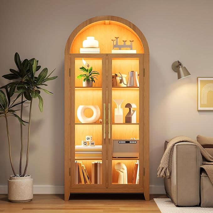 Arch Storage Cabinet with Tempered Glass Door, 71??Arched Display Floor Cabinet, 5 Tier Farmhouse Buffet with Storage for Dining Room, Living Room, Home Office or Kitchen(Oak)