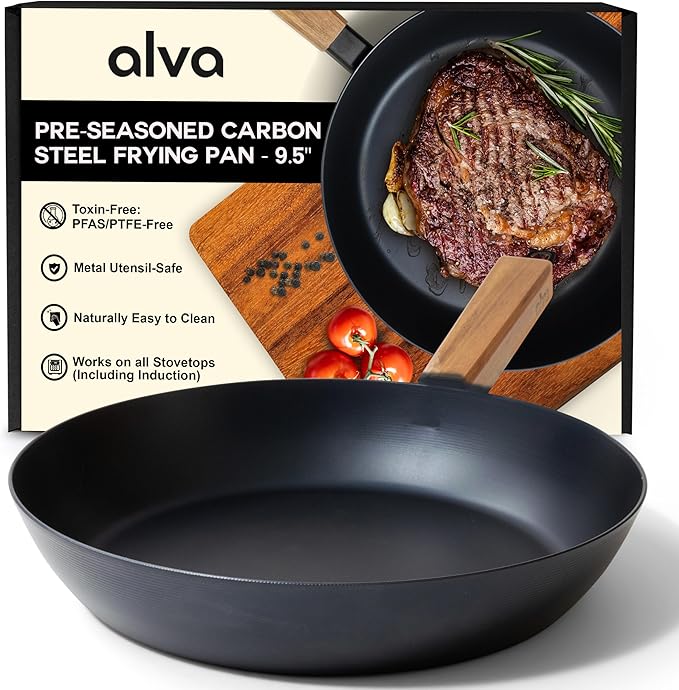 Alva Forest 9.5" Carbon Steel Frying Pan ??Naturally Nonstick, Pre-Seasoned, with Acacia Wood Handle, Made Without PTFE, PFOA, PFAS ??Sustainable Belgian Design, Induction & All-Stovetop Safe