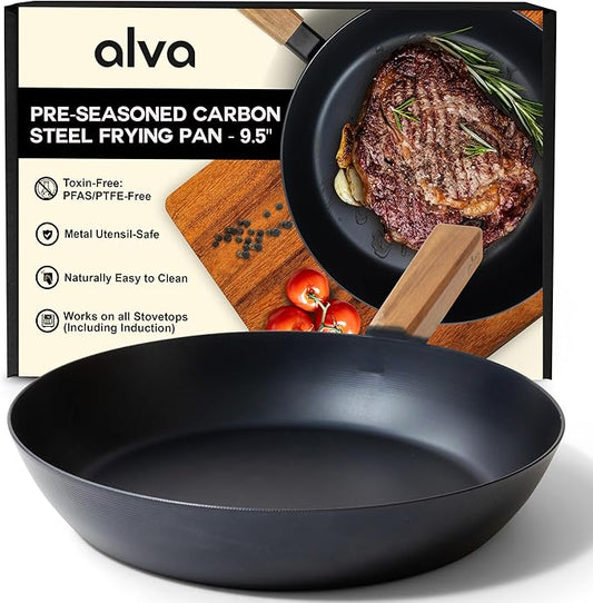 Alva Forest 9.5" Carbon Steel Frying Pan ??Naturally Nonstick, Pre-Seasoned, with Acacia Wood Handle, Made Without PTFE, PFOA, PFAS ??Sustainable Belgian Design, Induction & All-Stovetop Safe