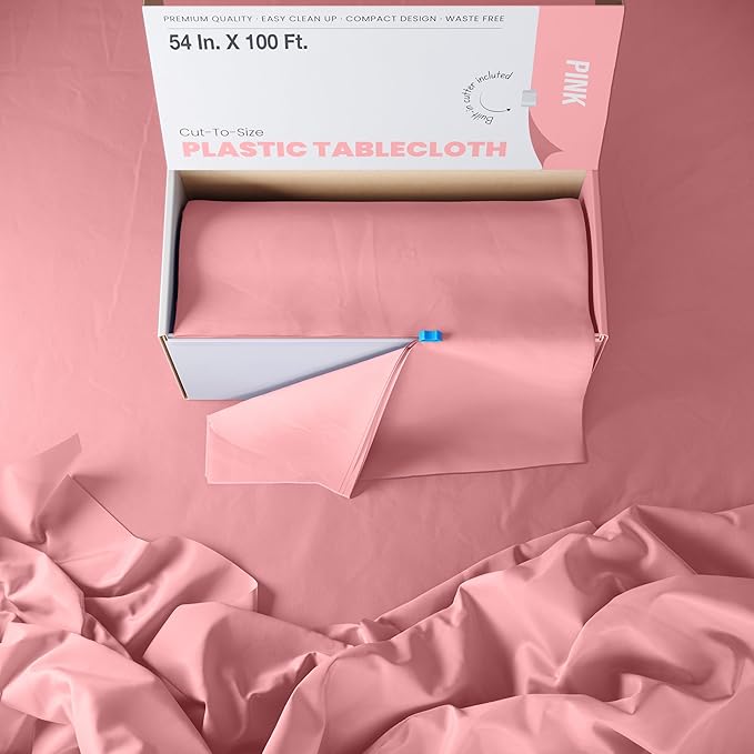 Party Solids 54 Inch X 100 Feet Pink Plastic Table Cover Roll in A Cut - to - Size Box with Convenient Slide Cutter. Cuts Up to 12 Rectangle 8 Feet Plastic Disposable Tablecloths