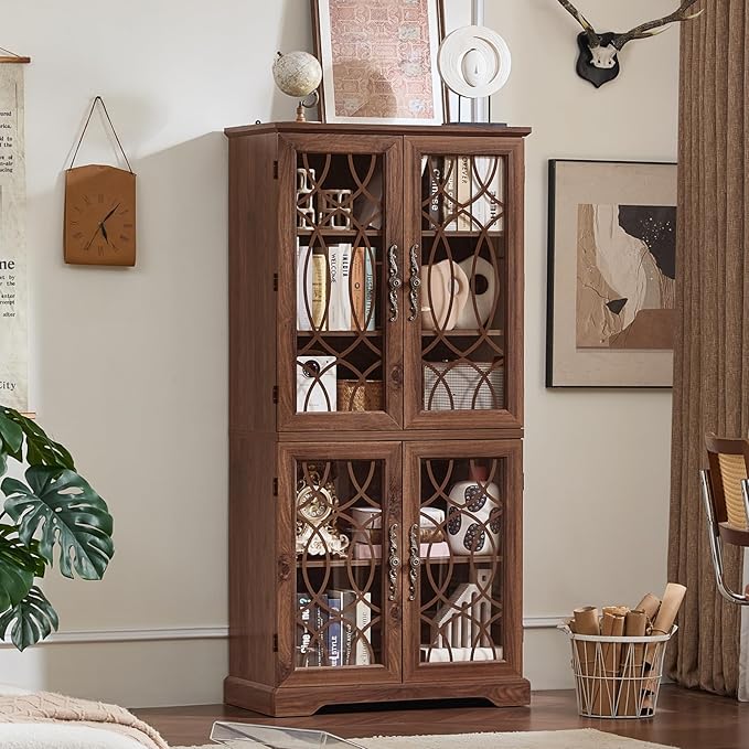 67" Tall Pantry Cabinet Set of 2, Vintage Kitchen Pantries Cabinets with Glass Doors & Adjustable Shelves, Wood Cupboard with Large Storage for Dingning Room, Bathroom, Brown