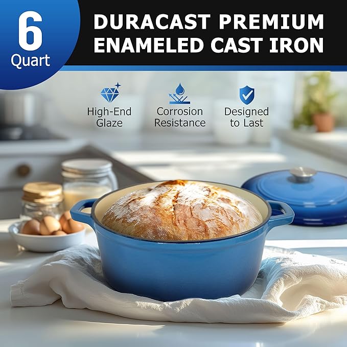 Mueller 6qt Enameled Cast Iron Dutch Oven, Heavy-Duty Casserole and Braiser Pan with Lid and Knob, Oven-Safe up to 500째 F & Across All Cooktops, Aqua Blue