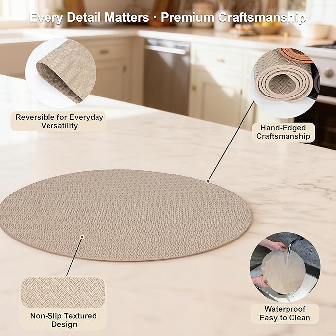 PROMATTOO Round Faux Leather Placemats Set of 4 – 13 Inch Vinyl Table Mats, Heat Resistant, Non Slip, Wipeable & Washable, Easy to Clean Dining Table Decor for Kitchen & Dining Room（Light Taupe）