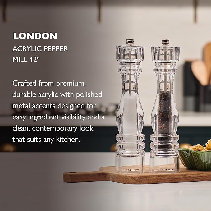 Cole & Mason London Refillable Spice Mill - Kitchen & Home Accessory - Table Black Pepper Grinder - Pepper Mill with Carbon Steel Mechanism - 12", Acrylic