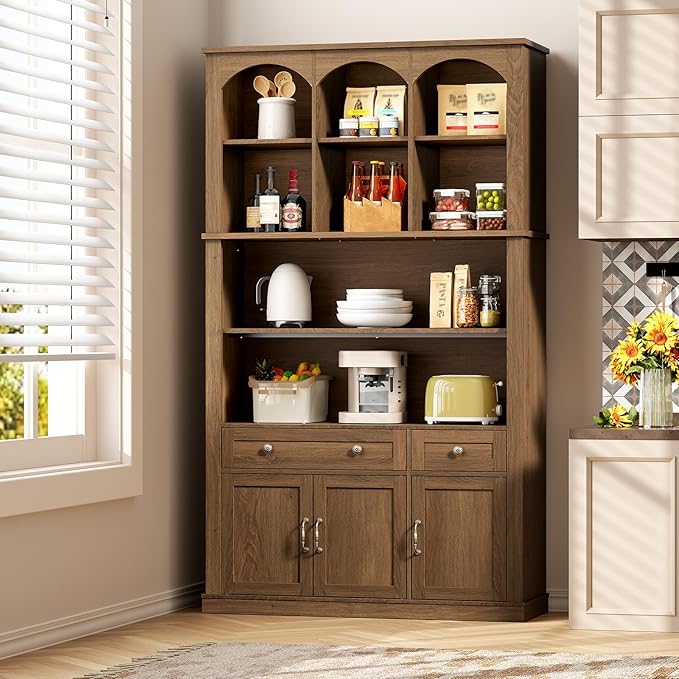 73.2" Tall Farmhouse Arched Bookshelf with Drawer and Door, Set of 2, 6 Tier Mid Century Modern Book Shelf and Bookcase with Storage, Floor Standing Display Cabinet for Home Office, Walnut