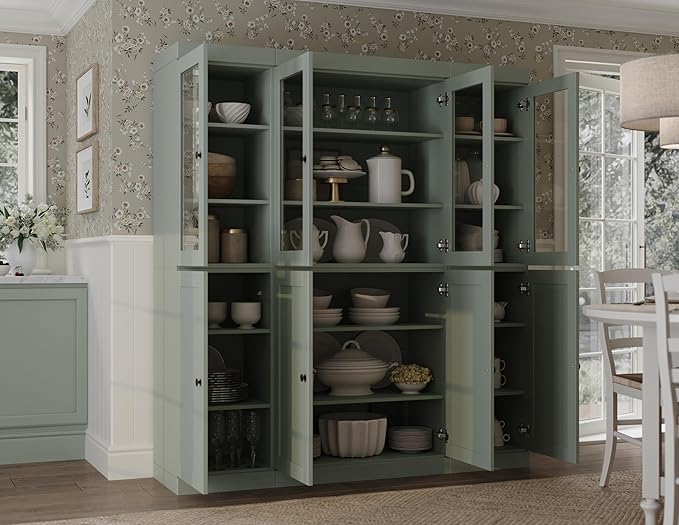 Palace Imports 100% Solid Wood Kitchen China Pantry Cabinet, 65" W - 4 Clear Glass & 4 Shaker Doors, Renewable Eco-Friendly Wood, Made in Brazil (Sage, 8 China/Shaker Doors | NO Drawers)