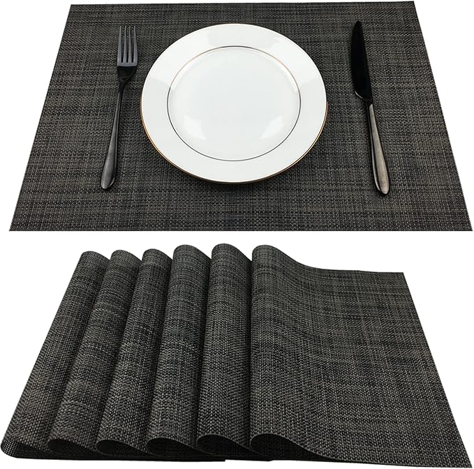 WAZAIGUR Placemats,Easy to Clean Crisscross Woven Vinyl Place Mats Durable Non-Slip Heat Resistant Table Mats,Placemats for Kitchen Table Set of 6,Grey