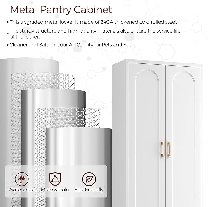 71" White Pantry Cabinet with Doors, Tall Metal Kitchen Pantry Storage Cabinet with 4 Adjustable Shelves and Gold Handles, Cupboard for Laundry, Dining Room, Living Room, Bathroom