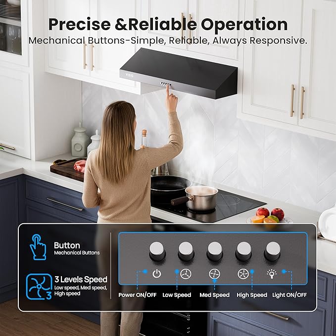 Under Cabinet Range Hood 30 Inch, 580 CFM Dual-Motor Kitchen Vent with LED Lights, Button Control, Ducted Stainless Steel Vent Hood, Reusable 5-Layer Aluminum Filters, Black