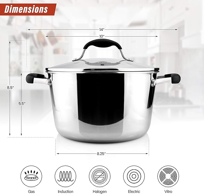 AVACRAFT 18/10 Tri-Ply Stainless Steel Dutch Oven, Chef?셲 Pan with Glass Lid, Induction Compatible, Multipurpose Stock Pot, 5 Quart