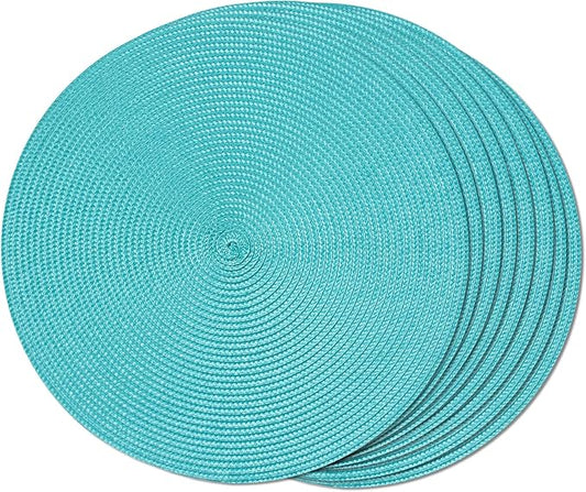 FunWheat Round Braided Placemats Set of 8 Place Mats for Dining Table Woven Washable Non-Slip Table Mats 15 Inch(Turquoise,8pcs)